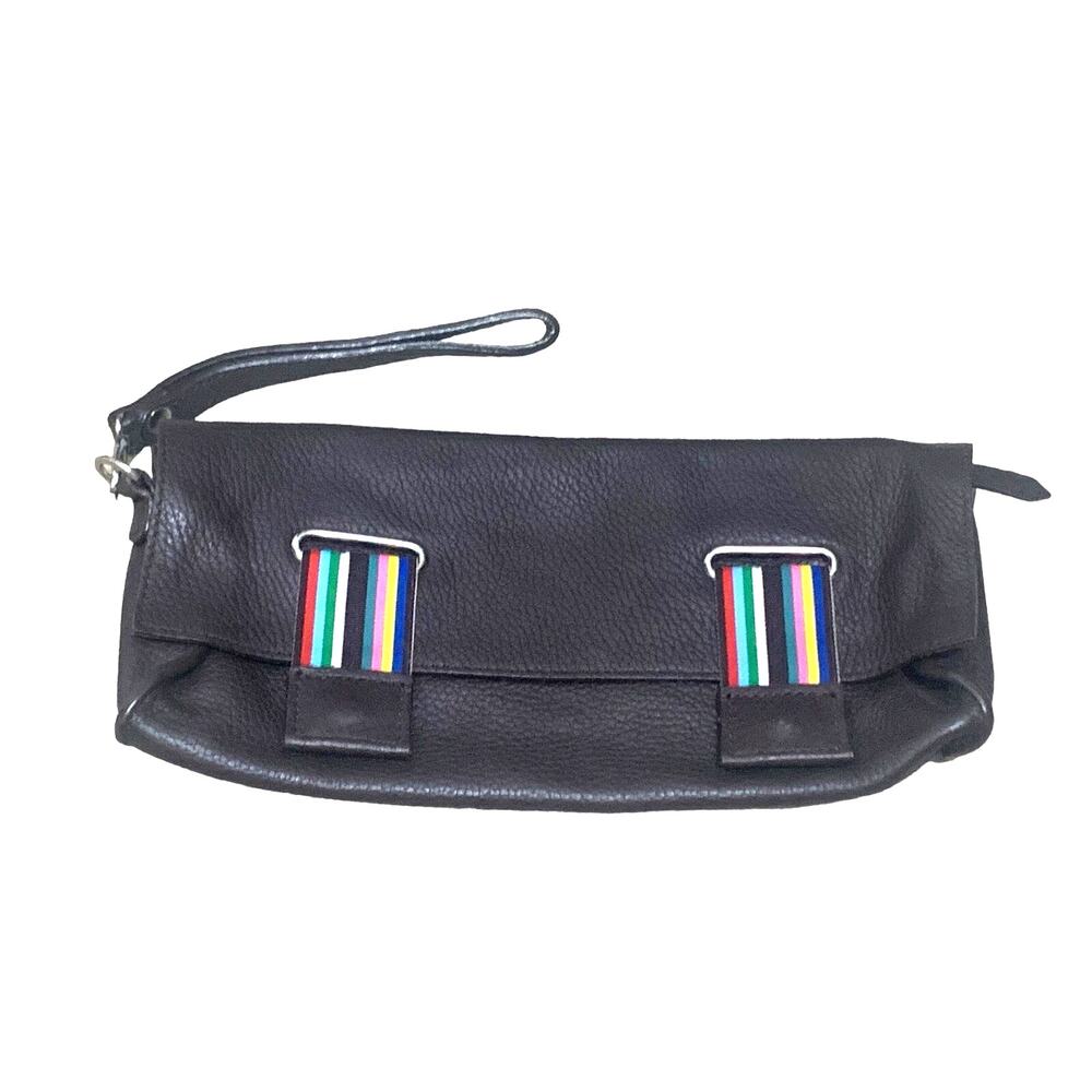 Latico Pebbled Leather Brown Wristlet w rainbow colorful striped snap closures